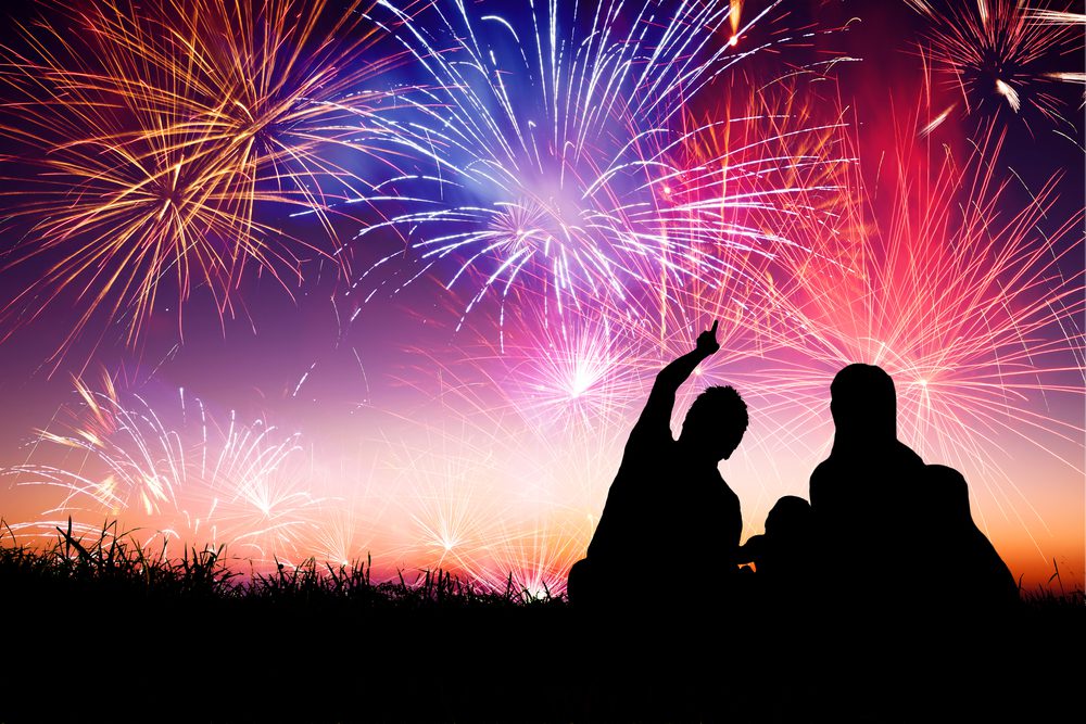 A silhouette of two people watching fireworks at night